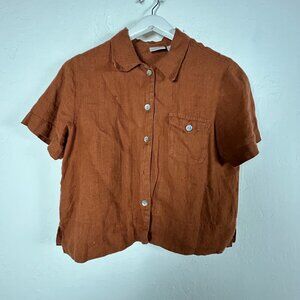 Chico's Womens Rust Orange Linen Short Sleeve Button-Up Shirt Top Size 1 Casual
